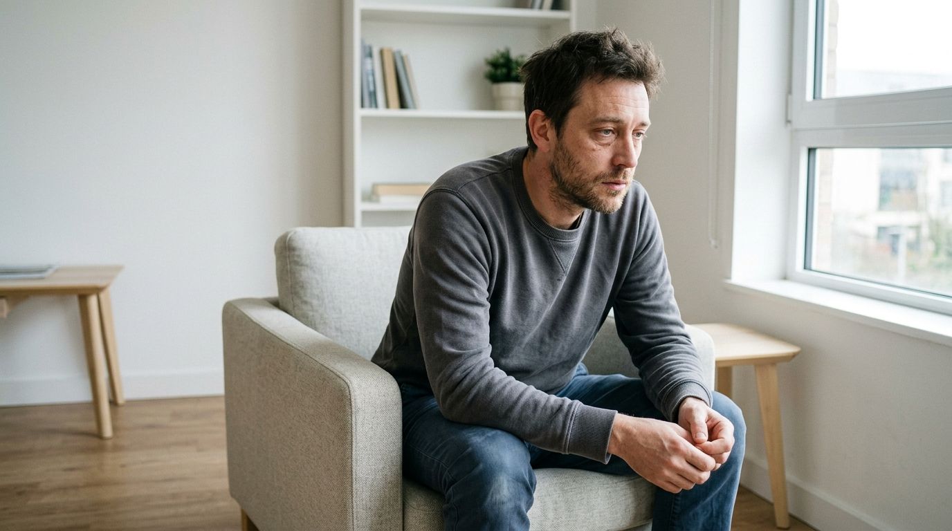 Лечение зависимости от мефедрона Задумчивый мужчина сидит в кресле у окна